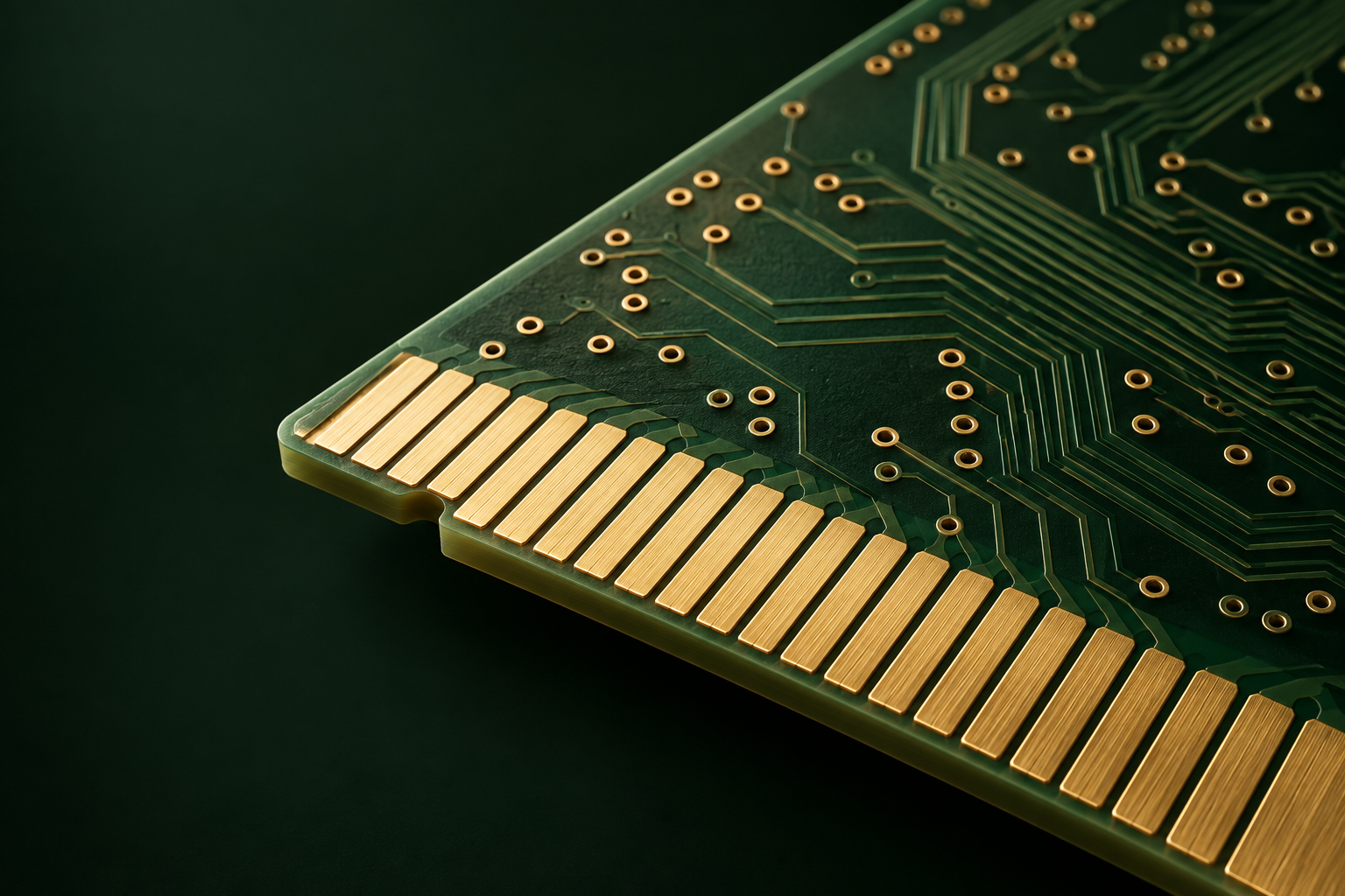 Conceptual dark green circuit board with gold plated edge connector fingers